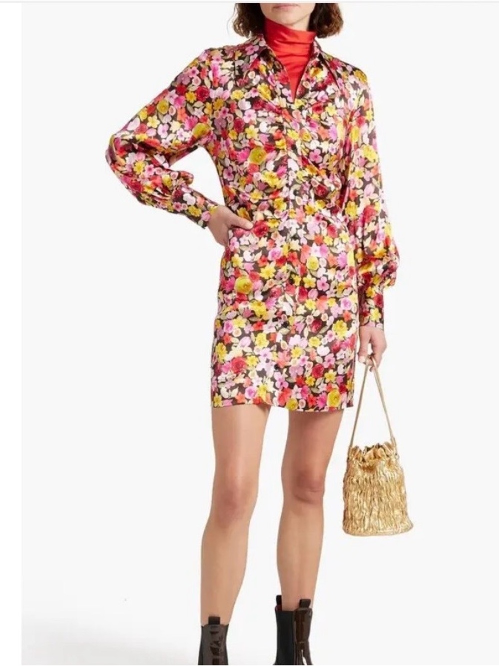 GANNI Floral Print Ruched Mini Silk Dress size 2 reg $395 - Picture 3 of 10